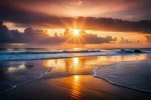 il sole è splendente al di sopra di il oceano e onde su un' spiaggia. ai-generato foto