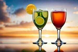 Due bicchieri di bevande con un' tramonto nel il sfondo. ai-generato foto