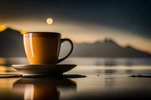 caffè tazza, lago, montagna, riflessione, Alba, Luna, riflessione, caffè, tazza. ai-generato foto