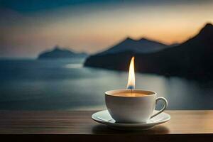 caffè tazza con un' ardente candela su il tavolo. ai-generato foto