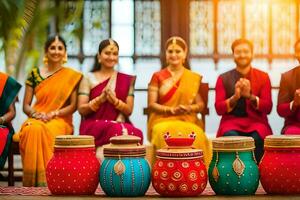 indiano famiglia con colorato pentole e batteria. ai-generato foto