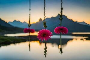 rosa fiori sospeso a partire dal un' corda al di sopra di un' lago. ai-generato foto