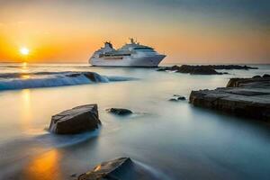 un' crociera nave nel il oceano a tramonto. ai-generato foto