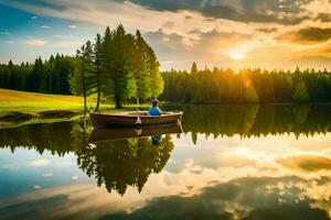 un' uomo è seduta nel un' barca su un' lago a tramonto. ai-generato foto