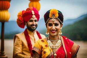 un' bellissimo indiano sposa e sposo nel tradizionale abbigliamento. ai-generato foto