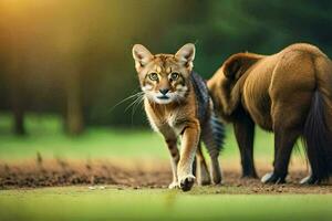 un' gatto e un' cavallo a piedi insieme nel il campo. ai-generato foto