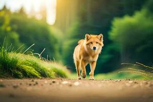 un' cane a piedi su un' sporco strada nel il foresta. ai-generato foto