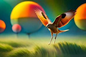un' uccello è volante al di sopra di un' campo con colorato palloncini. ai-generato foto