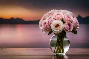 rosa Rose nel un' vaso su un' tavolo nel davanti di un' lago. ai-generato foto