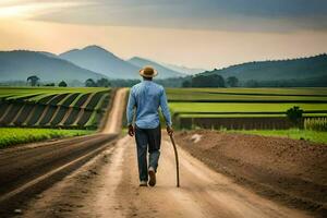 un' uomo a piedi giù un' sporco strada con un' canna. ai-generato foto