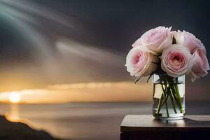 un' vaso di rosa Rose su un' tavolo con un' tramonto nel il sfondo. ai-generato foto