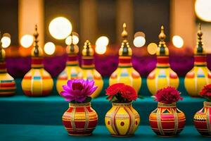 colorato vasi con fiori su un' tavolo. ai-generato foto
