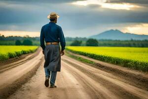 un' uomo nel un' cappello passeggiate giù un' sporco strada. ai-generato foto