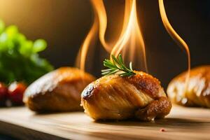 grigliato pollo su un' di legno tavola con erbe aromatiche. ai-generato foto