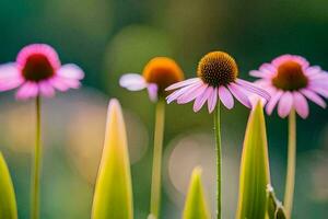 tre rosa fiori siamo in piedi nel davanti di un' verde sfondo. ai-generato foto