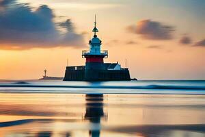 un' faro sta su il spiaggia a tramonto. ai-generato foto