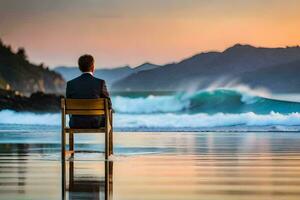 un' uomo seduta su un' sedia su il spiaggia a tramonto. ai-generato foto