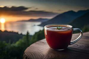 un' tazza di tè si siede su un' tavolo prospiciente il oceano. ai-generato foto