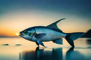 un' pesce è in piedi su il spiaggia a tramonto. ai-generato foto