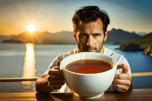 un' uomo Tenere un' tazza di tè nel davanti di il oceano. ai-generato foto