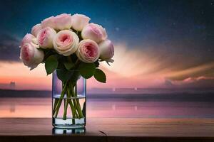 rosa Rose nel un' vaso su un' tavolo con un' tramonto nel il sfondo. ai-generato foto