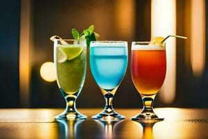 tre diverso colorato cocktail nel bicchieri su un' tavolo. ai-generato foto