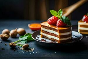 Due fette di torta con fragole e noccioline. ai-generato foto