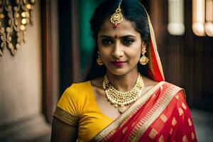 un' bellissimo indiano donna indossare un' rosso e giallo sari. ai-generato foto