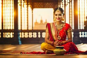 un' bellissimo indiano donna nel tradizionale abbigliamento seduta su il pavimento. ai-generato foto