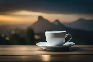 caffè tazza su un' tavolo con montagne nel il sfondo. ai-generato foto