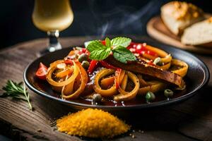 un' piatto di pasta con verdure e pane su un' tavolo. ai-generato foto