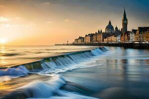 il tramonto al di sopra di il oceano e edifici nel il sfondo. ai-generato foto