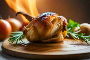 un' pollo su un' di legno tavola con un' fiamma. ai-generato foto