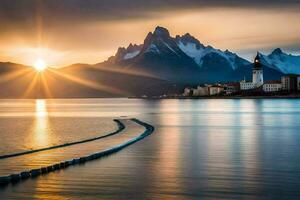 il sole imposta al di sopra di un' lago e montagne. ai-generato foto