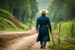 un' uomo nel un' blu completo da uomo e cappello a piedi giù un' sporco strada. ai-generato foto