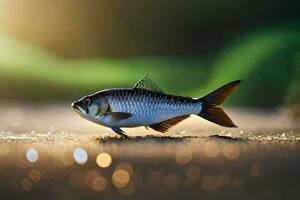 un' pesce è a piedi su il sabbia. ai-generato foto