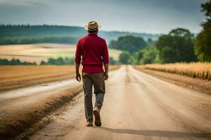 un' uomo a piedi giù un' sporco strada nel il nazione. ai-generato foto