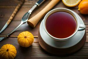 un' tazza di tè con arance e un' coltello. ai-generato foto