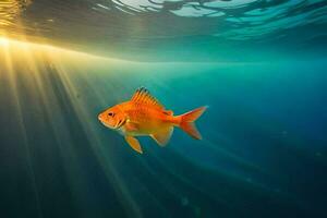 un' pesce nuoto nel il oceano con luce del sole splendente attraverso il acqua. ai-generato foto