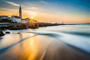 Alba al di sopra di il mare e un' Chiesa nel il sfondo. ai-generato foto