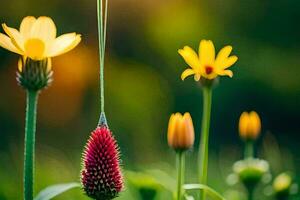 un' ragno ragnatela sospeso a partire dal un' fiore. ai-generato foto