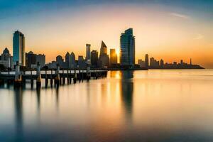 il sole imposta al di sopra di il città orizzonte nel dubai. ai-generato foto