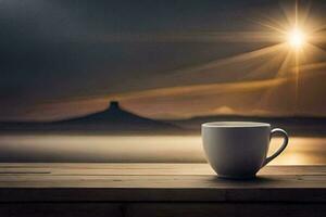 un' tazza di caffè su un' di legno tavolo con il sole splendente nel il sfondo. ai-generato foto