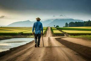 un' uomo a piedi giù un' sporco strada con un' canna. ai-generato foto