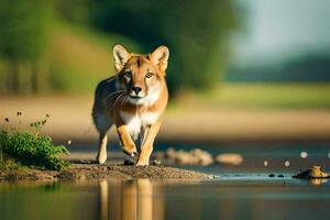 un' lupo è a piedi attraverso il acqua. ai-generato foto