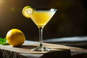 un' cocktail con Limone e menta su un' di legno tavolo. ai-generato foto