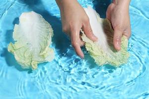 donna mano lavaggio cavolo cinese in acqua. foto