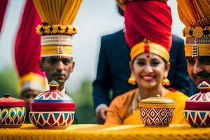 un' sposa e sposo nel tradizionale indiano abbigliamento. ai-generato foto