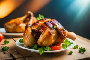 pollo con verdure e pomodori su un' piatto. ai-generato foto