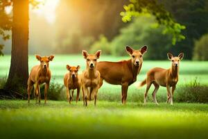 un' gruppo di cervo in piedi nel il erba. ai-generato foto